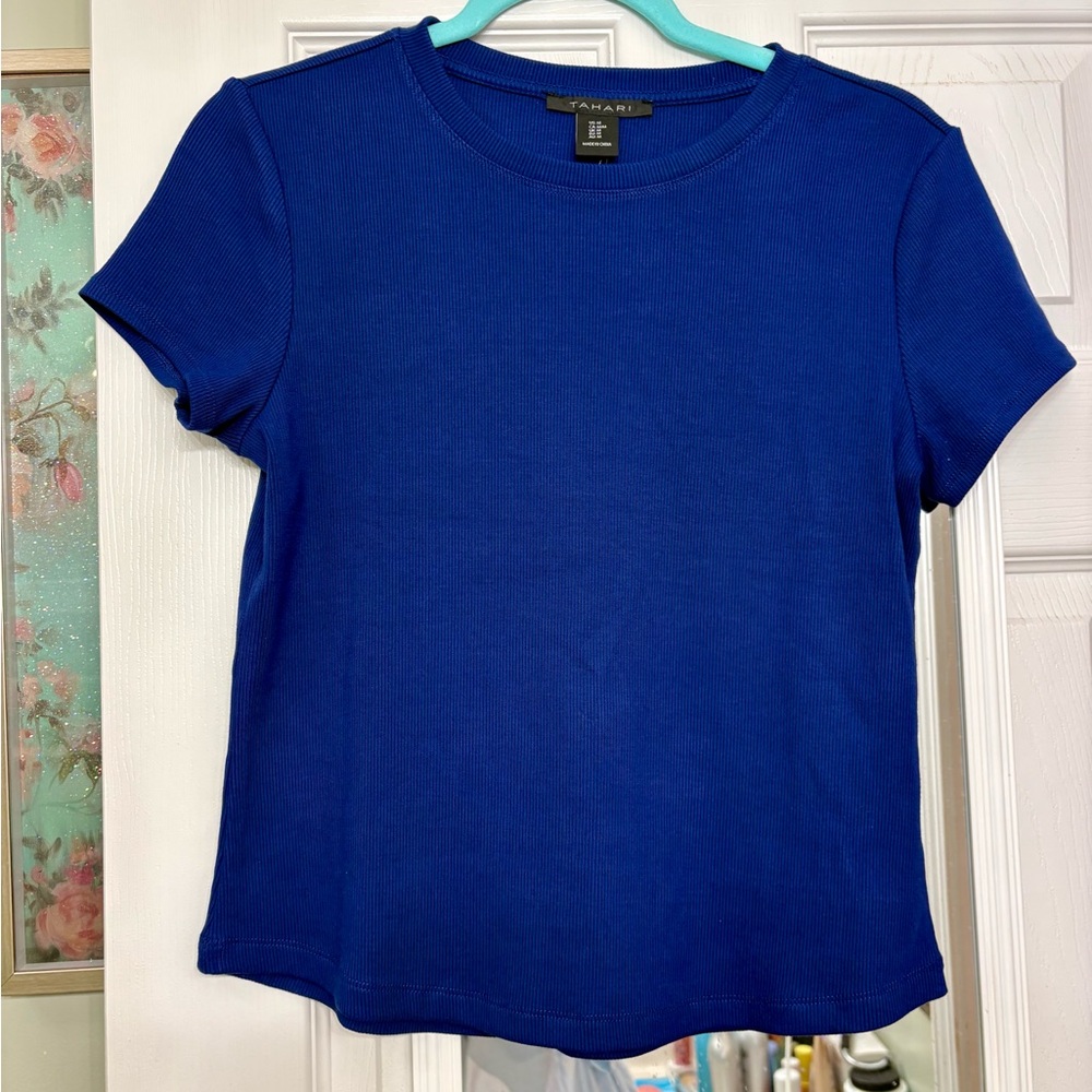 Tahari Cobalt Blue Short Sleeve Ribbed Crewneck Tee
